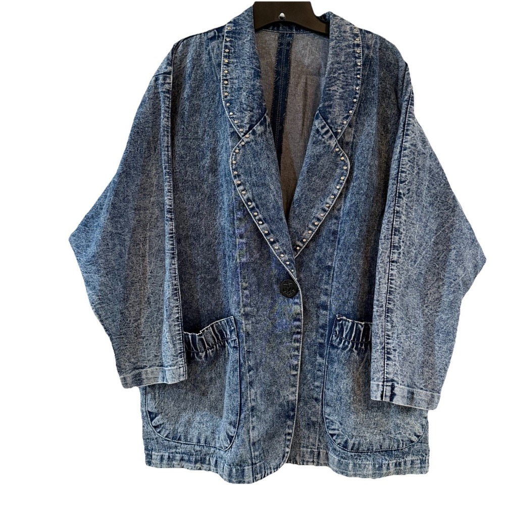 Vintage Acid Wash Denim Blazer Jacket Studded Lapel Anchor Buttons Oversized